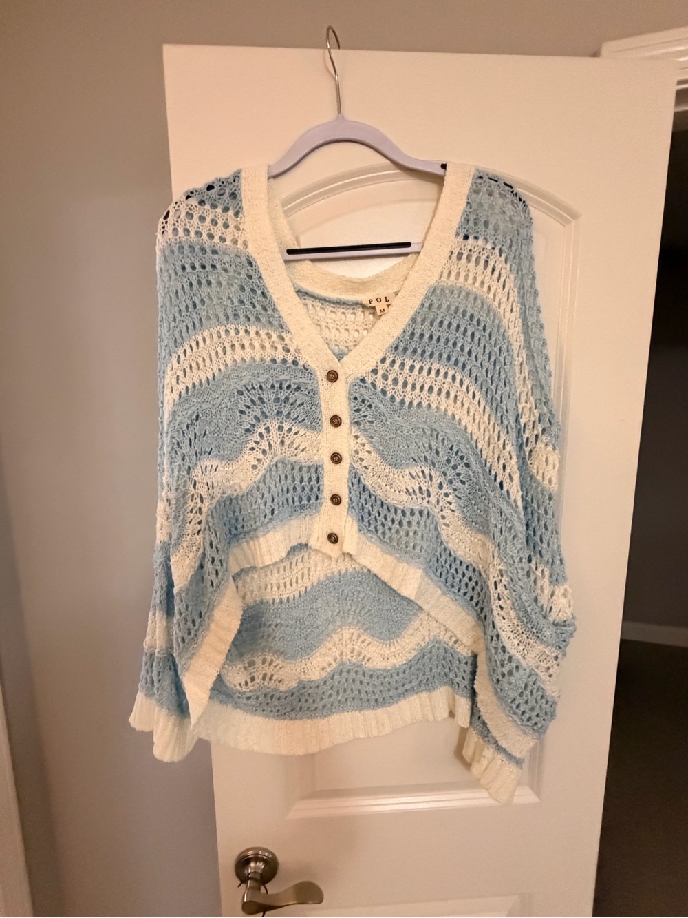 POL Light Blue and Cream Open-Knit V-Neck Button Sweater